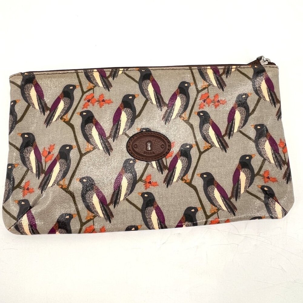 Vintage Fossil Key-Per Zip Pouch Bird Print Canvas Inner Pocket